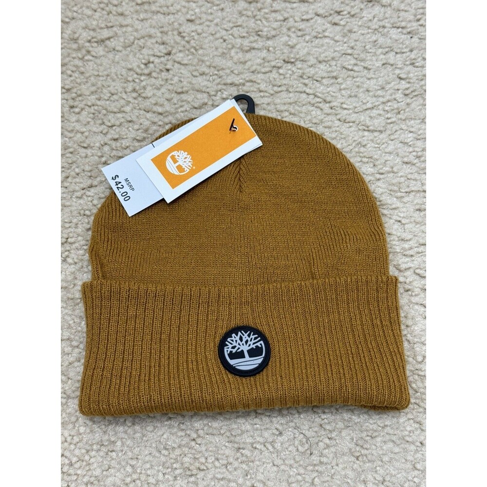 NWT Timberland Black Wheat Stretch Rubbed Cuff Logo Beanie Mens One Size Hat